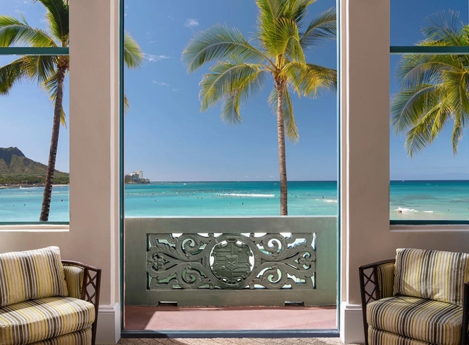 Waikiki Beach and the blue ocean as seen from The Royal Hawaiian