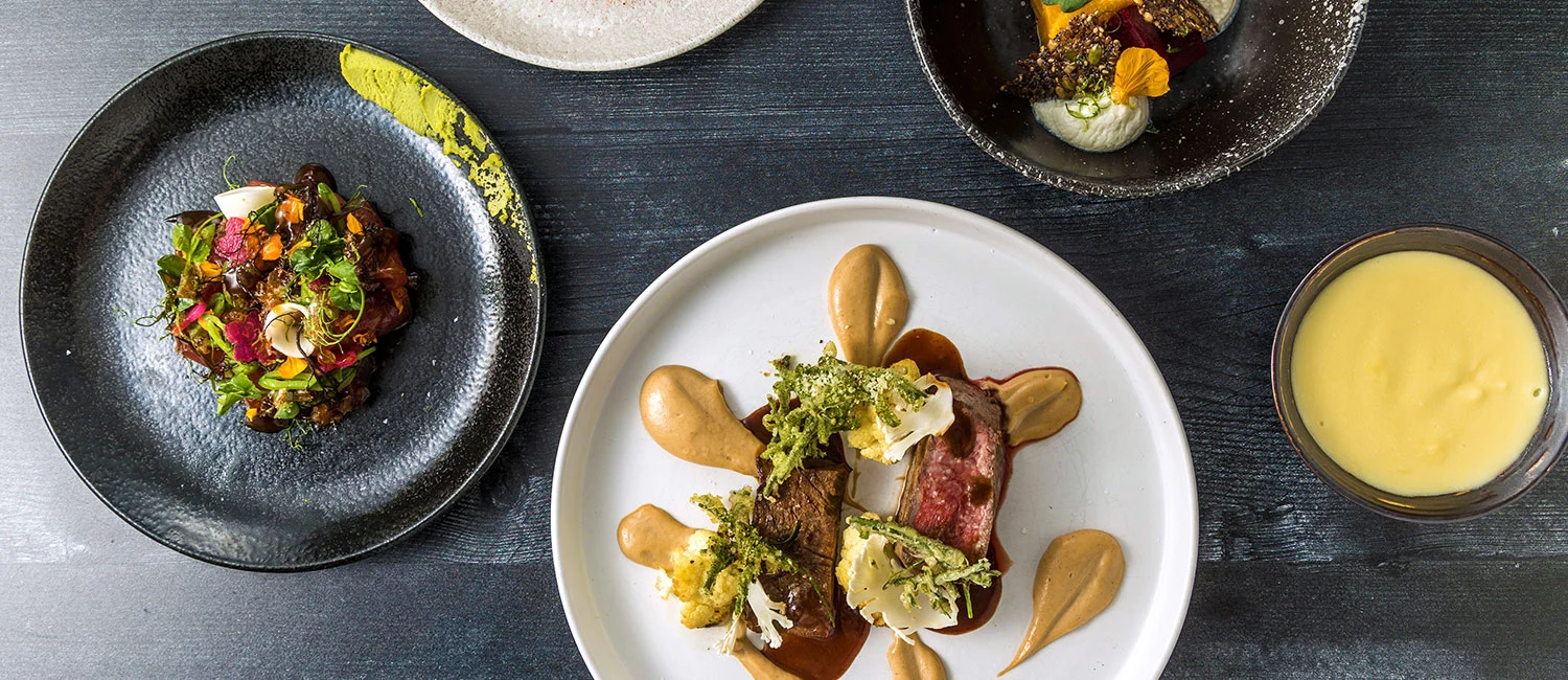 Seasonal fine dining course at Azure Restaurant with vibrant presentation