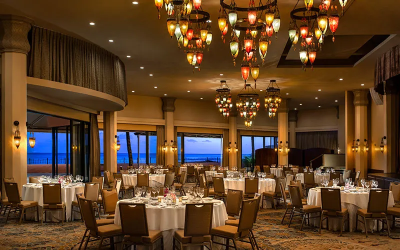 Indoor banquet venue at The Royal Hawaiian with Diamond Head view
