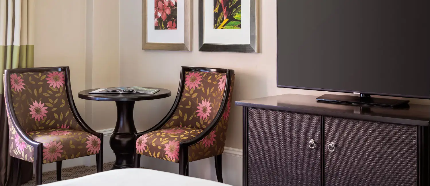Interior view of the Historic Ocean guest room with seating area and television.