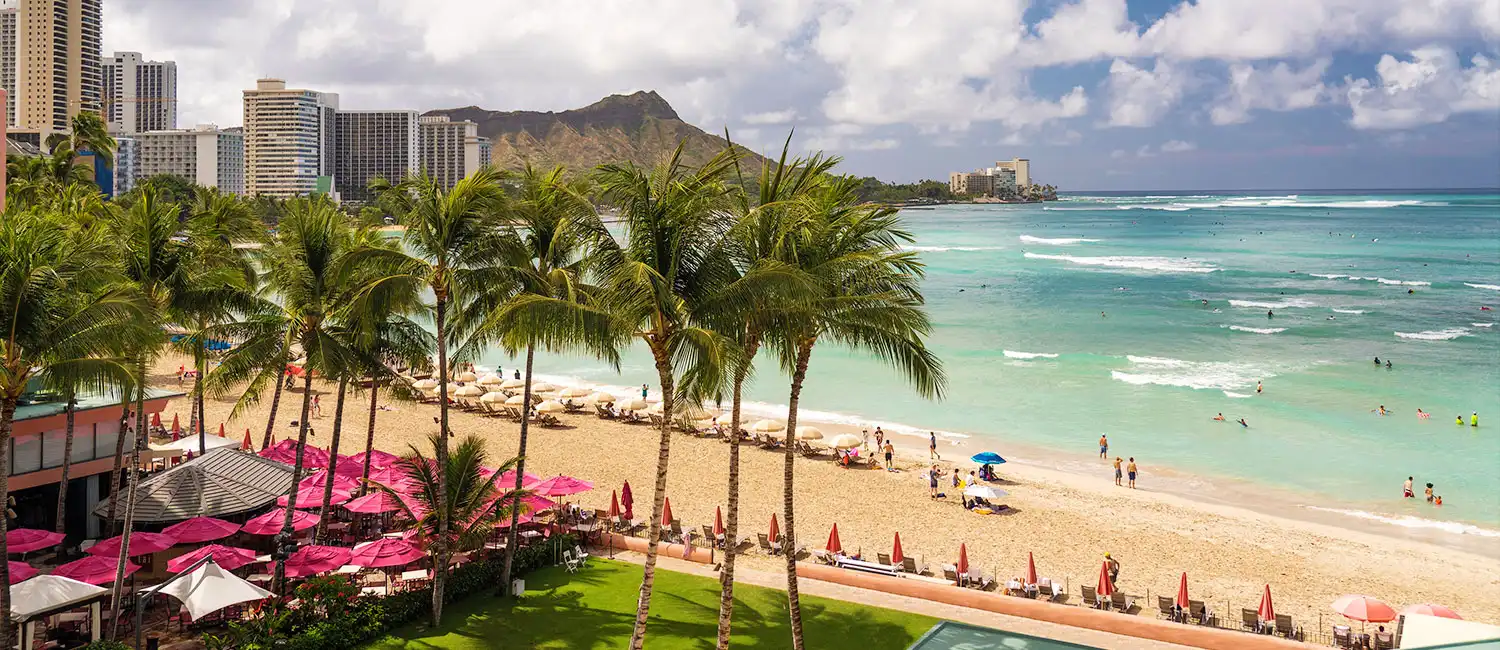 View of Waikiki Beach and Diamond Head from The Royal Hawaiian guest room.