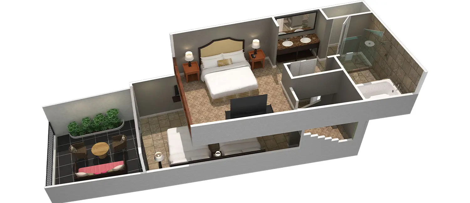 Floor plan of the two-level Family Loft Suite featuring a bedroom, living area, and balcony.