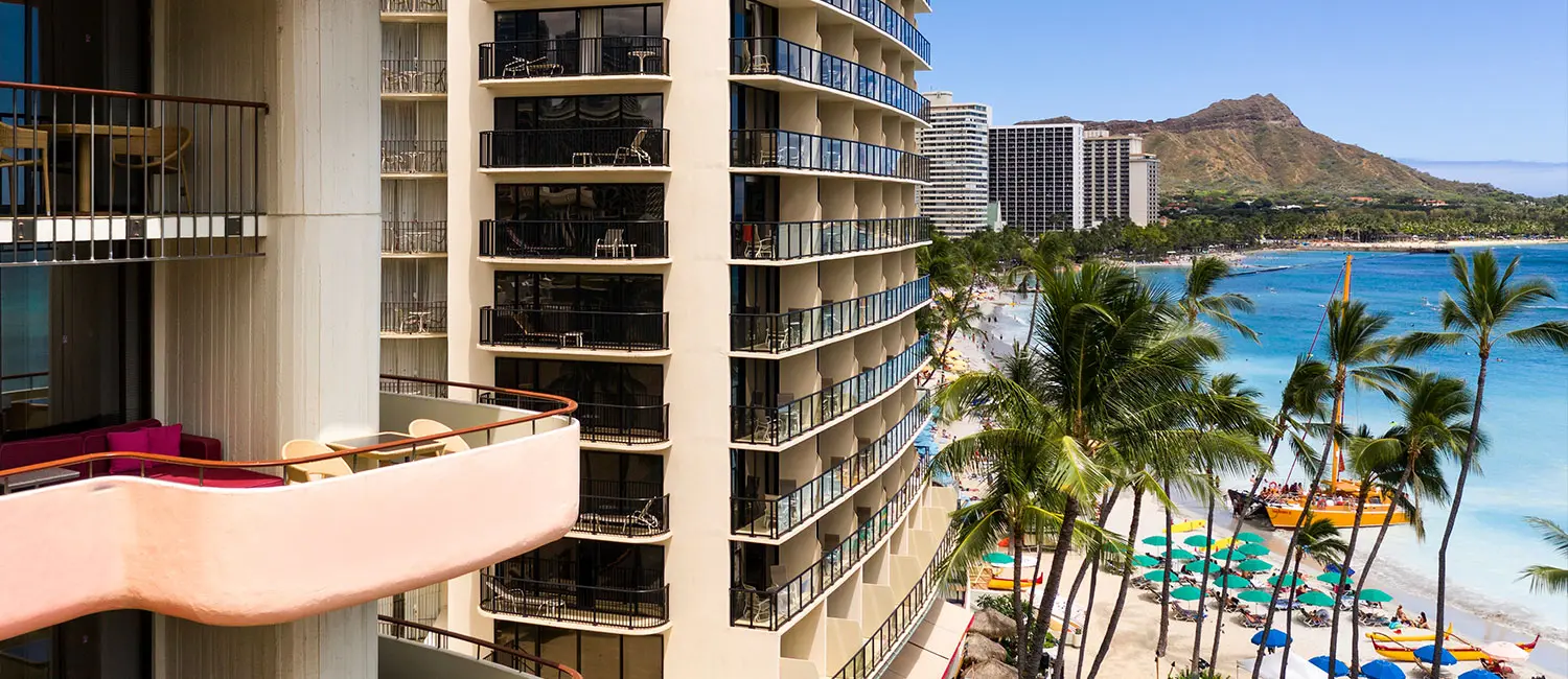 View of Waikiki Beach and Diamond Head from the Mailani Tower balcony.