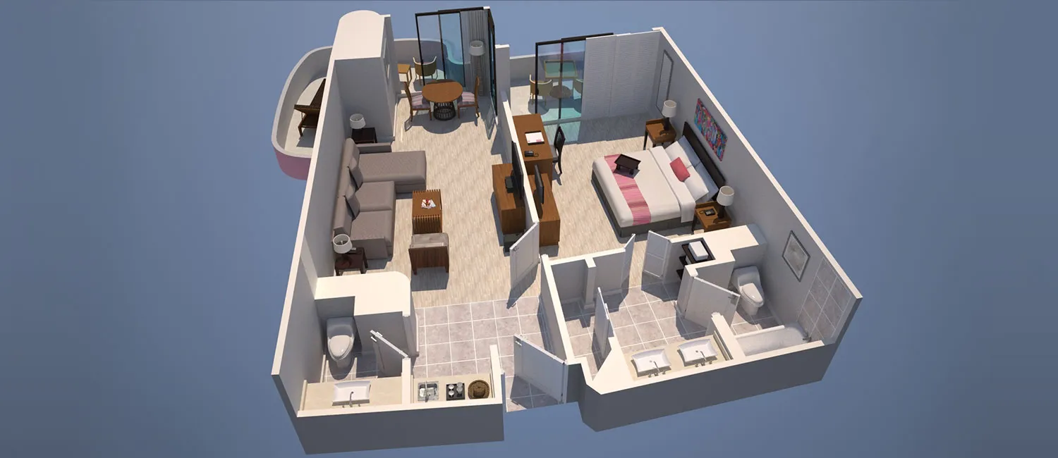 Floor plan of the Ocean Suite featuring a living room, bedroom, and two bathrooms.