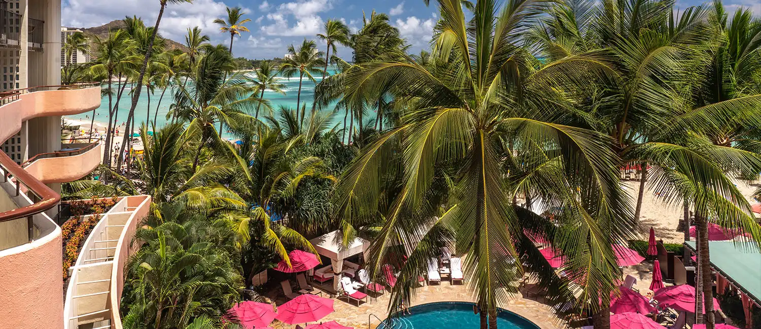 Mailani Pool surrounded by palm trees with Waikiki Beach beyond.