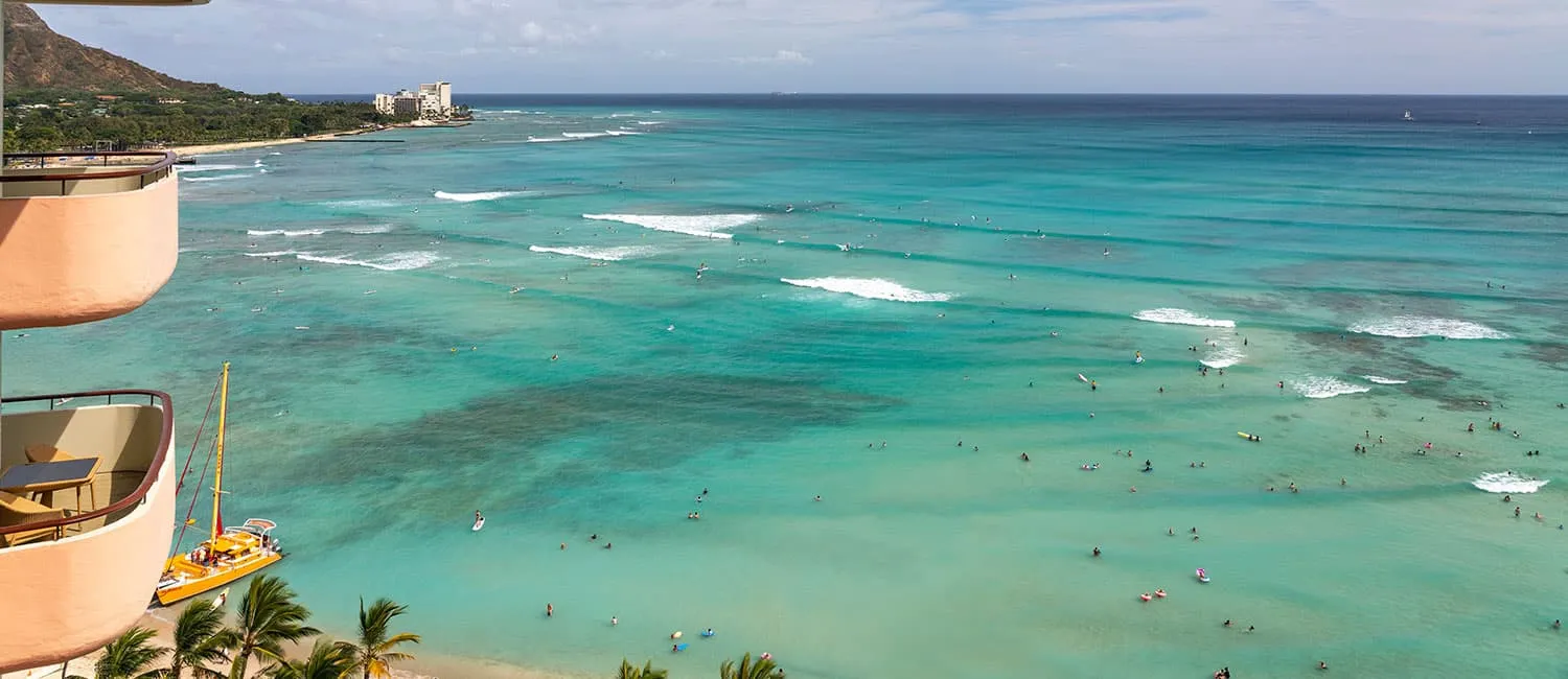 View of Diamond Head and Waikiki Beach from the Ali‘i Suite balcony.